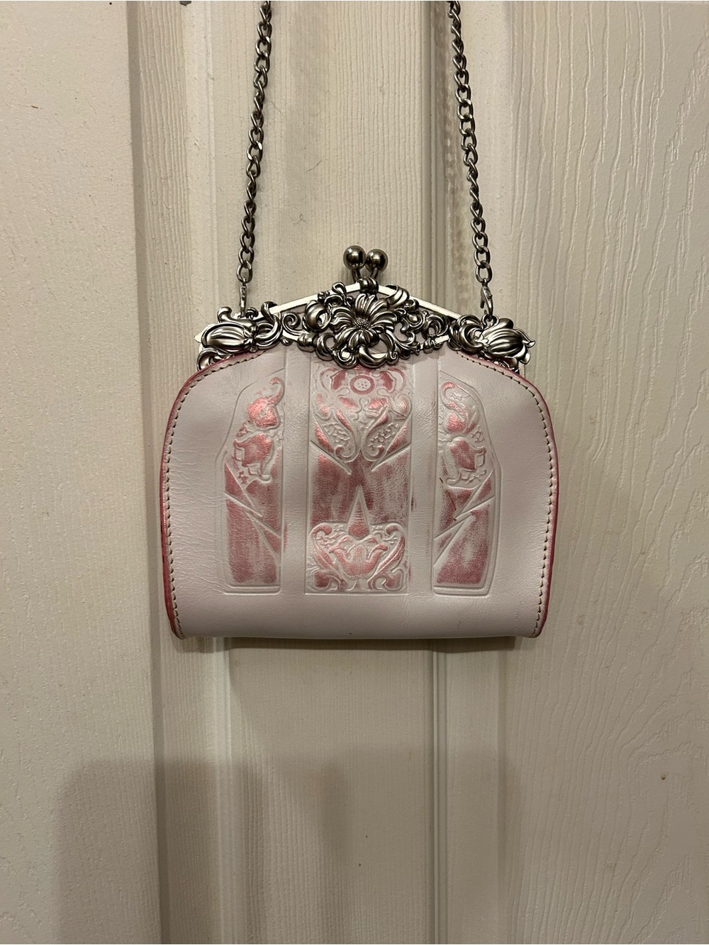 Patricia Nash blush and Pink Embossed Leather Crossbody with Ornate Silver Frame